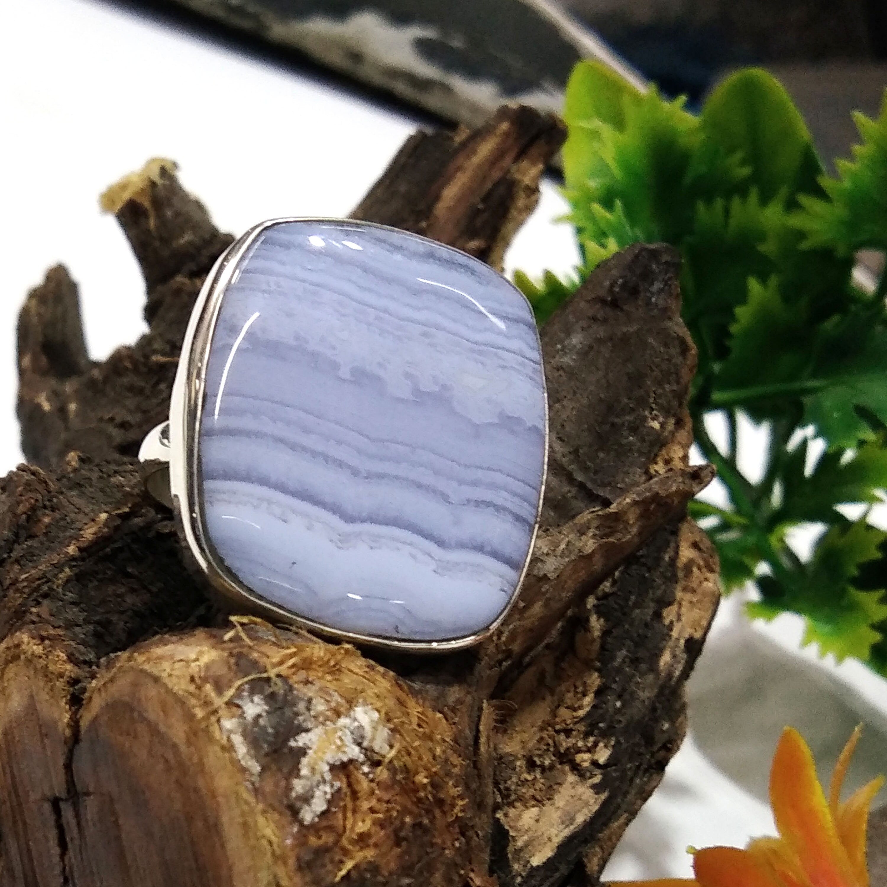 Natural Blue Lace Agate Gemstone Ring, 925 Solid Starling Silver Ring, Jewelry Stone Size 27x24mm Statement Ring, Gift Birthday Ring Jewelry